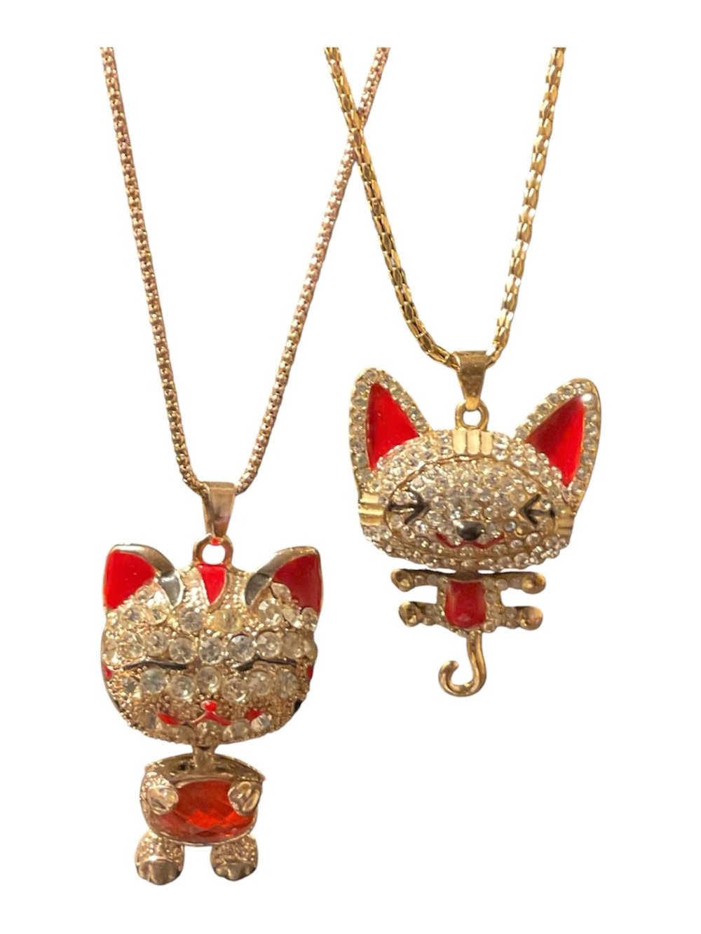 Betsey Johnson whimsical Gold-tone Rhinestone Cat Pendant Necklaces